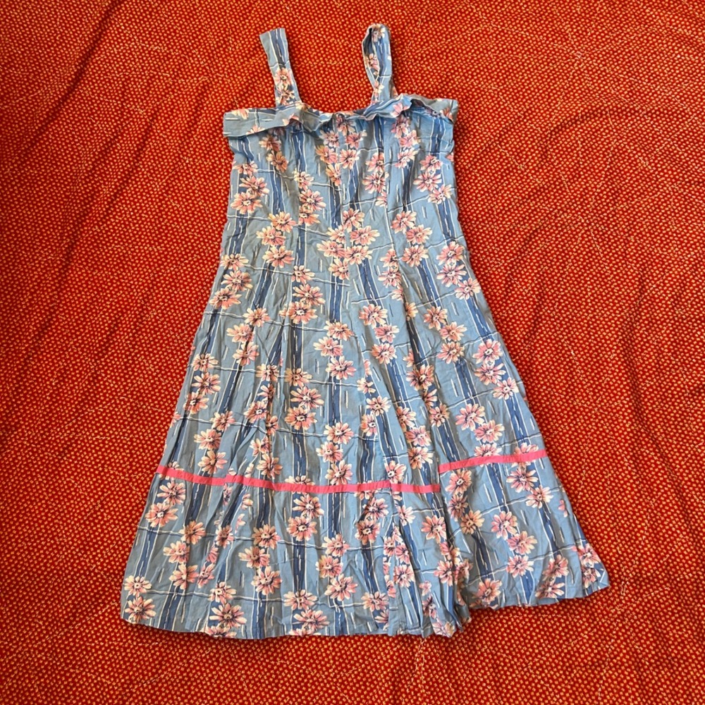 Vintage 1950s Floral Sun Dress Blue Pink Daisy Print Ruffle Strappy Midi Dress